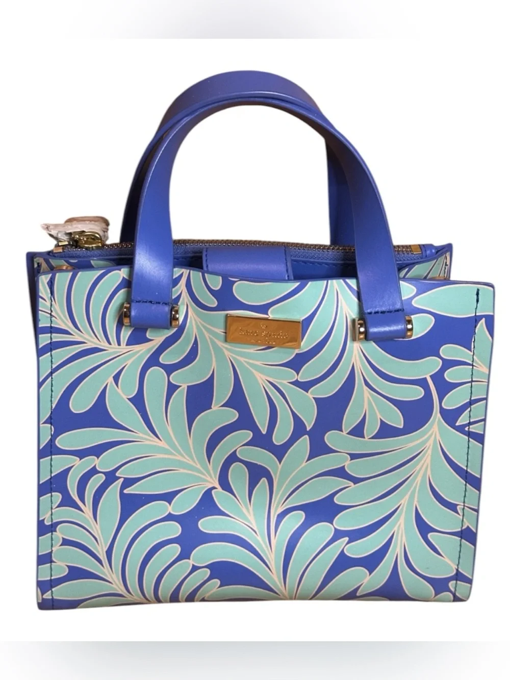 Kate Spade Cobalt Blue and Mint Green SeaFern Leaf-Print Tote